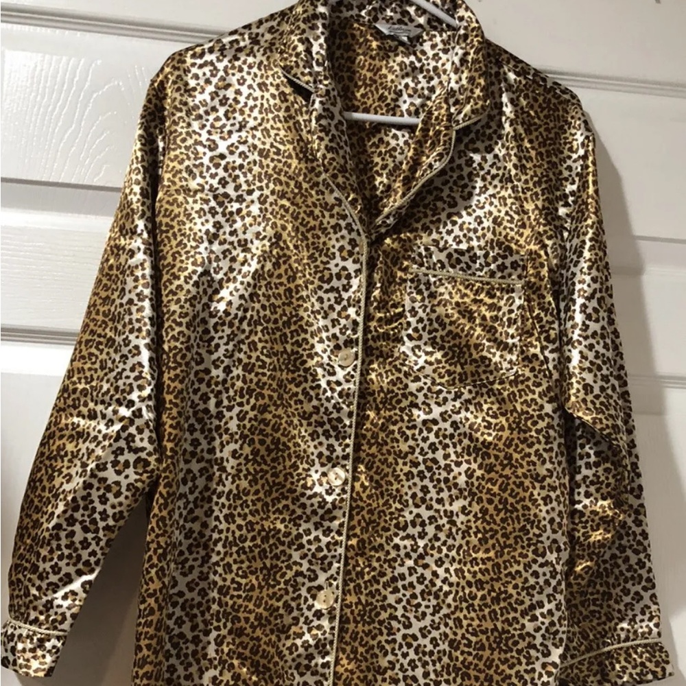 Vtg KATHRYN Satin Second Skin Cheetah Print Sleep Shirt L/S Button Up Collar Med